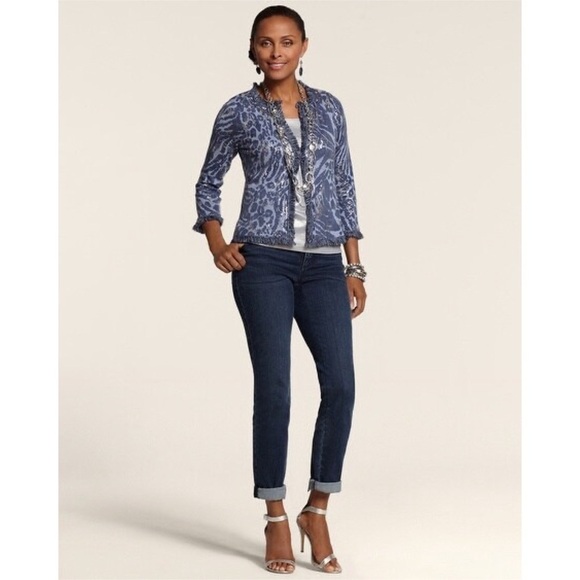 Chico’s Blue Linen Foiled Animal Frankie Fringe Open Front Cardigan Size M - Picture 1 of 16